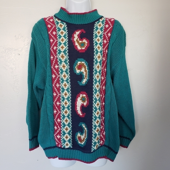 Vintage AJ Brandon Paisley Pullover Sweater Medium Teal Green Navy Boho Whimsy - Picture 1 of 6